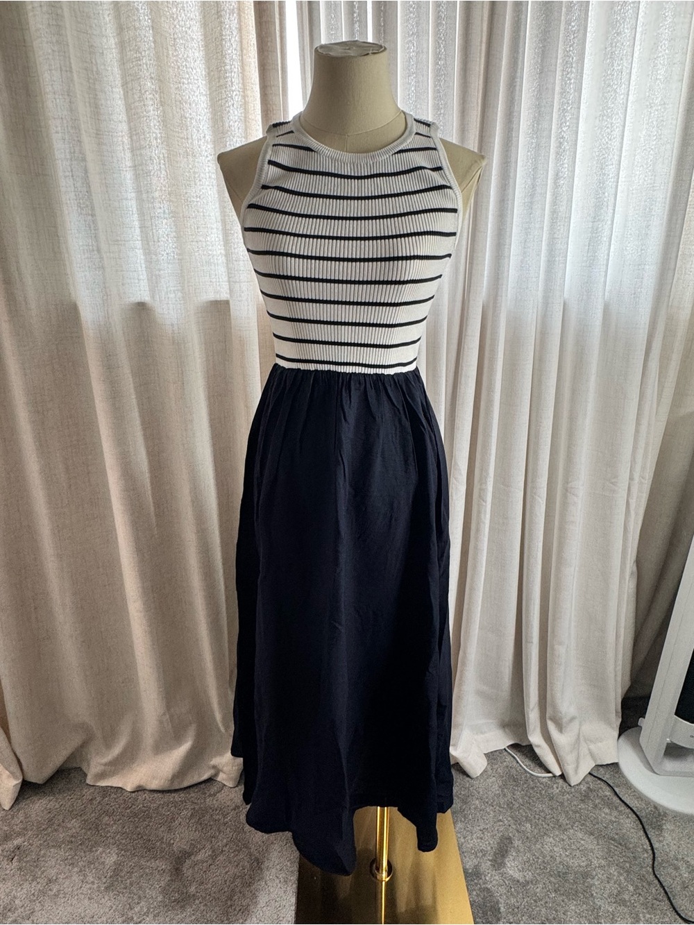 Workshop Republic Clothing Navy Skirt White Striped Knit Midi Dress
